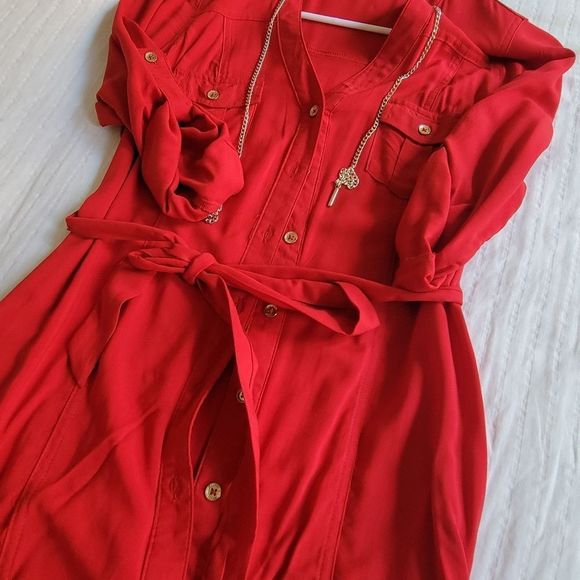 Guess Chain Accented Button Dress in Red - Picture 1 of 5